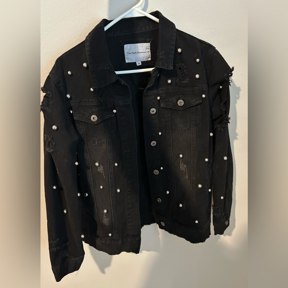 Black Pearl-Embellished Denim Jacket